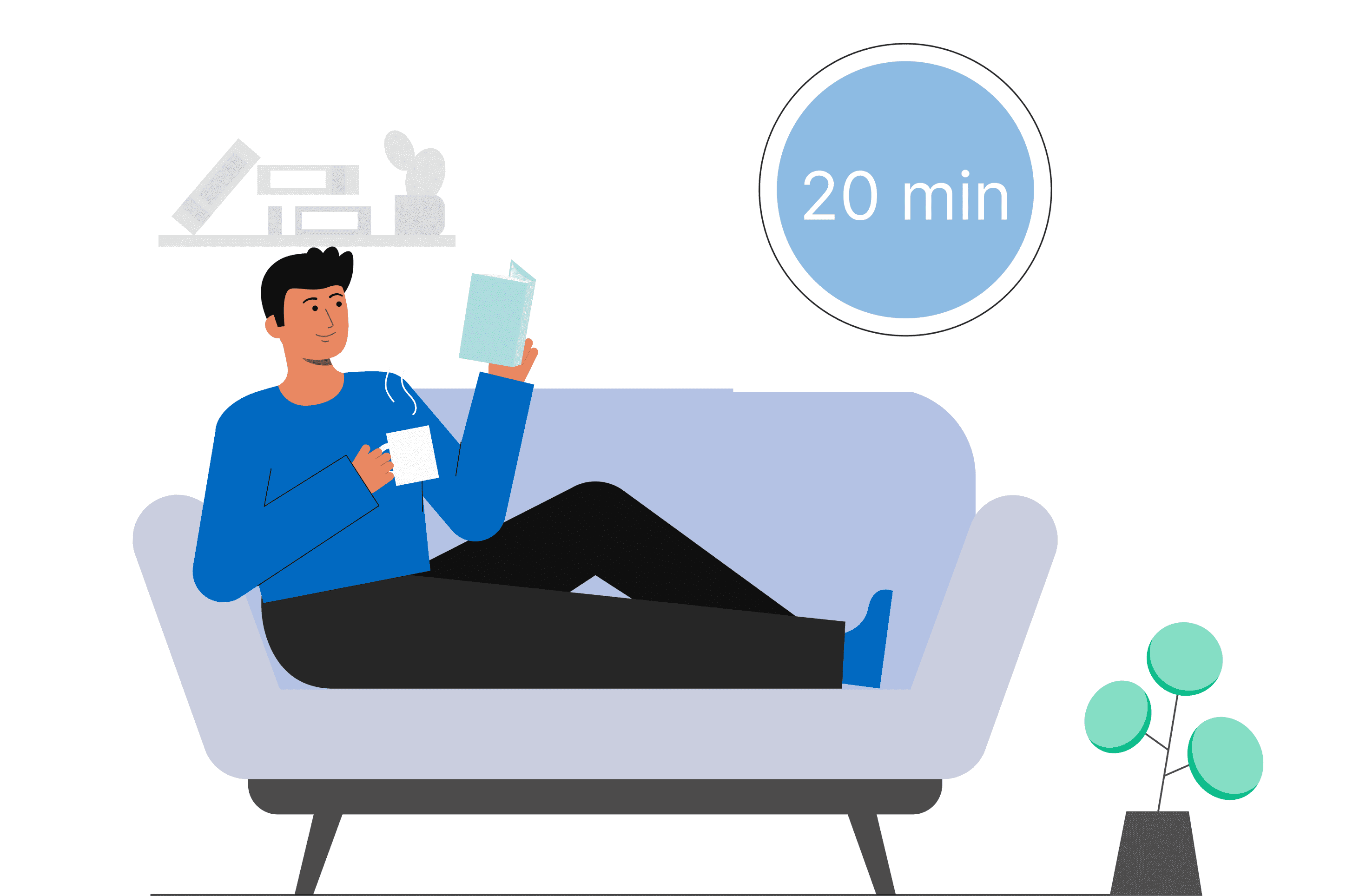 une micro sieste de 20 minutes et une pause sont des moyens d'être toujours plus productif. Le personnage de l'image est allongé sur le canapé avec une tasse et un live à la main. Un rond sur le mur indique 20 minutes (le temps maximal d'une micro-sieste)