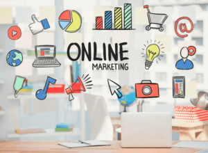 online marketing illustration reprennt les graphique, camembert, ordinateur icône en lien avec le web marketing et le chief digital officer