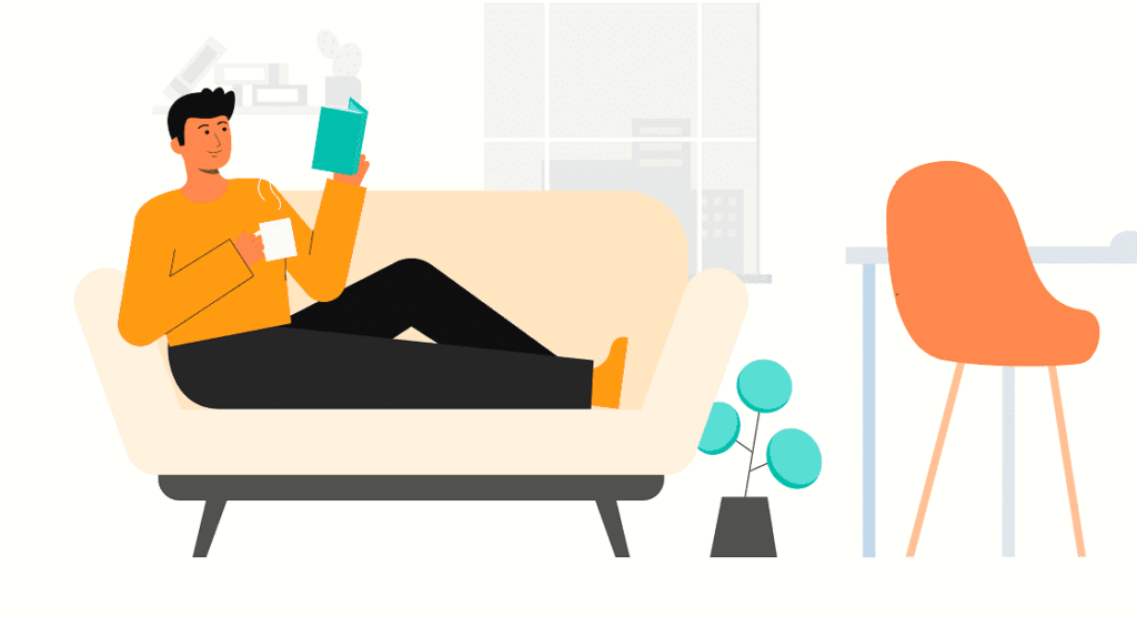 Business Plan - Erreur à éviter : surestimer les délais d'avancement du projet. sur l'image, on voit un personnage allonger sur un canapé entrain de lire et de boire un café.